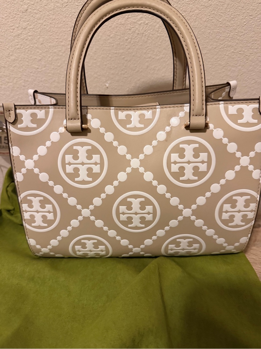 Tory Burch Beige Logo-Pattern Satchel with White Accents